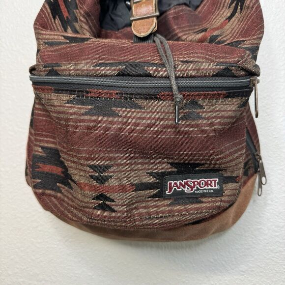 Rare Vintage 90s Jansport Made in USA Leather Bottom Backpack Aztec Tribal Print - Picture 2 of 5